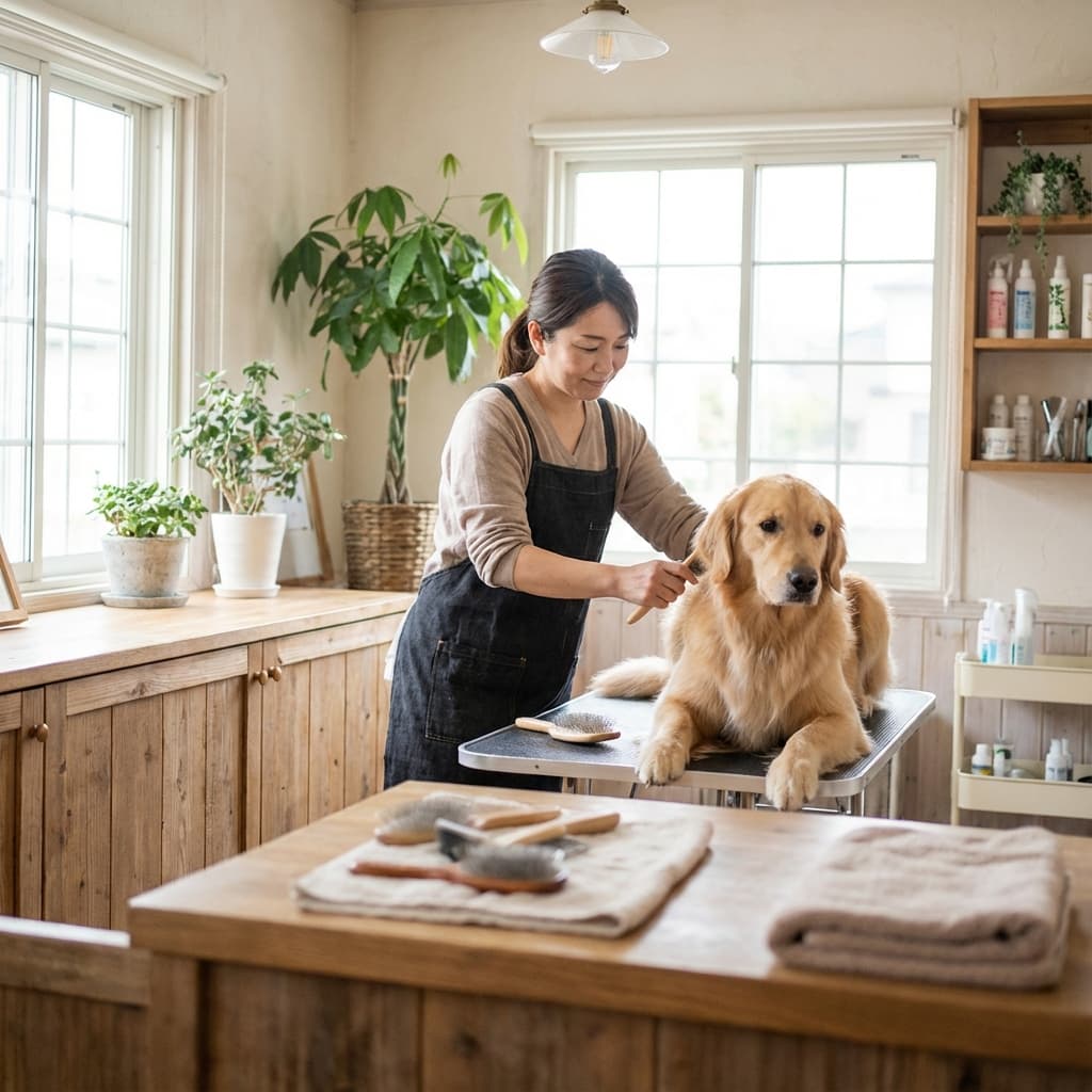 Groomer calmly working with a dog